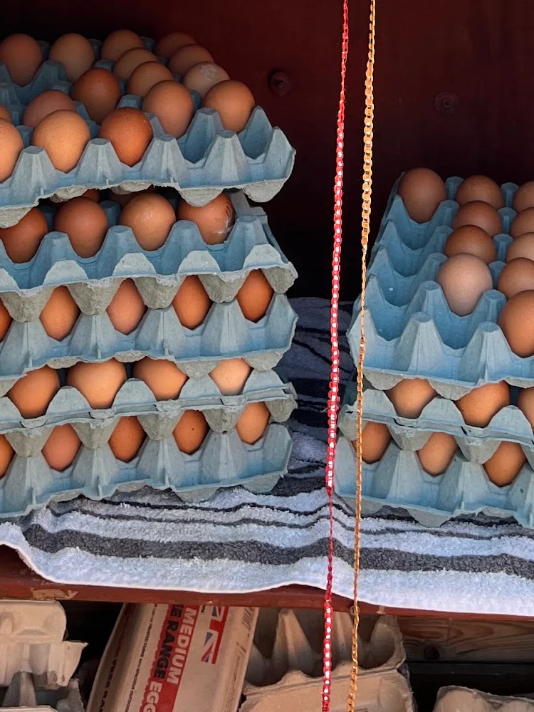 Brown eggs stacked in trays at Harry's red timber farm stall