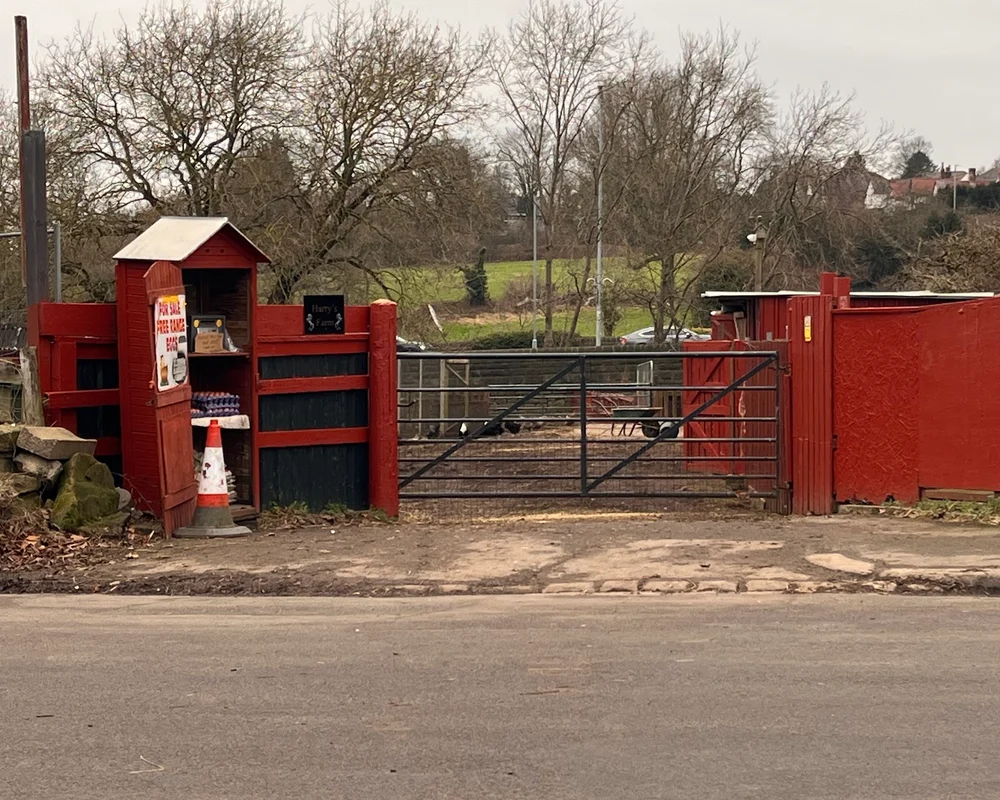 Harry's red egg stall and farm gate on Calverley Lane